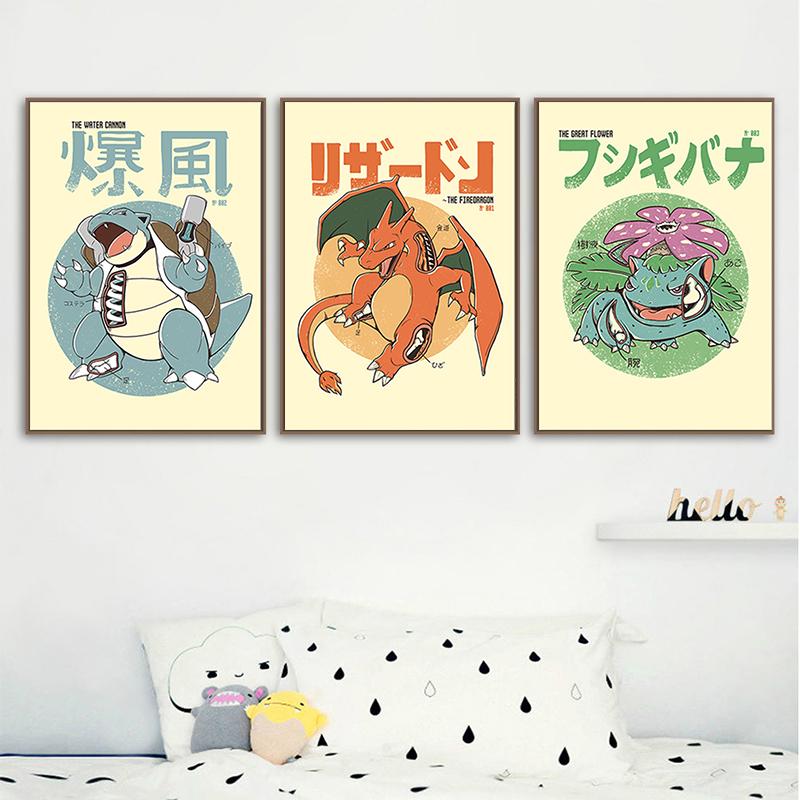 Pokemon Canvas Painting Bulbasaur Charmander Squirtle Anime Posters Print Mural Pictures Wall Art Home Aesthetics Decor Cuadros