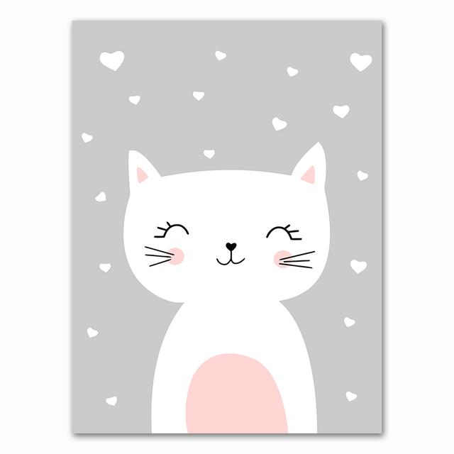Kawaii Wall Art Canvas Nursery Print Cartoon Cat Rabbit Painting Nordic Kids Decoration Picture Baby Living Room Decor No Frame