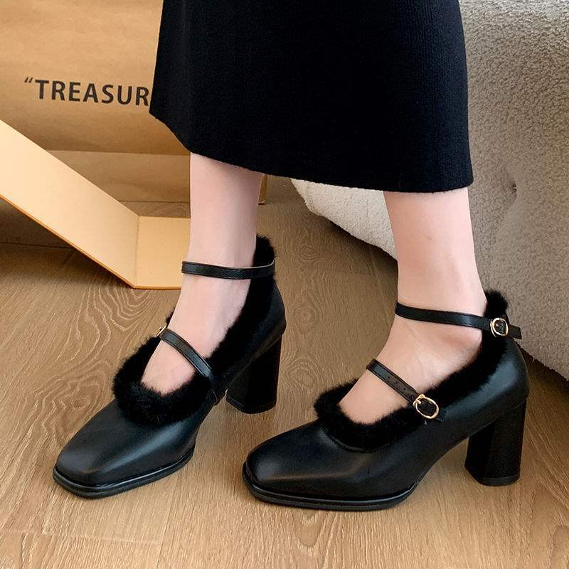 Autumn and winter velvet French fairy one-word buckle high heels women's thick heel bridesmaid shoes medium heel fluffy Mary Jane single shoes