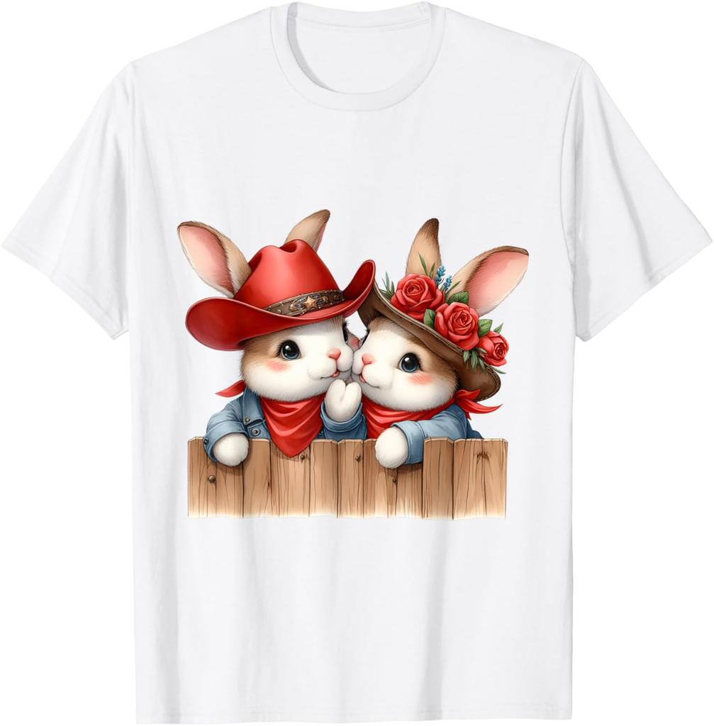 Cute Cowboy Bunny Couple Peeking Over Fence Graphic T-Shirt Men Casual Daily Tee
