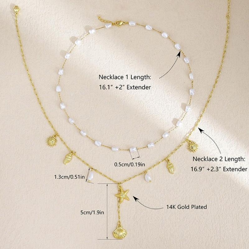 14K Gold Plated Layering Shell Starfish Necklace Adjustable Neck Chain Summer Beach Jewelry Gift For Women