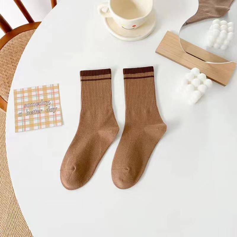 5 Pairs of Socks, Women's Mid-calf Socks, Sports Socks, Striped Two-bar College Cotton Socks, Casual and Breathable