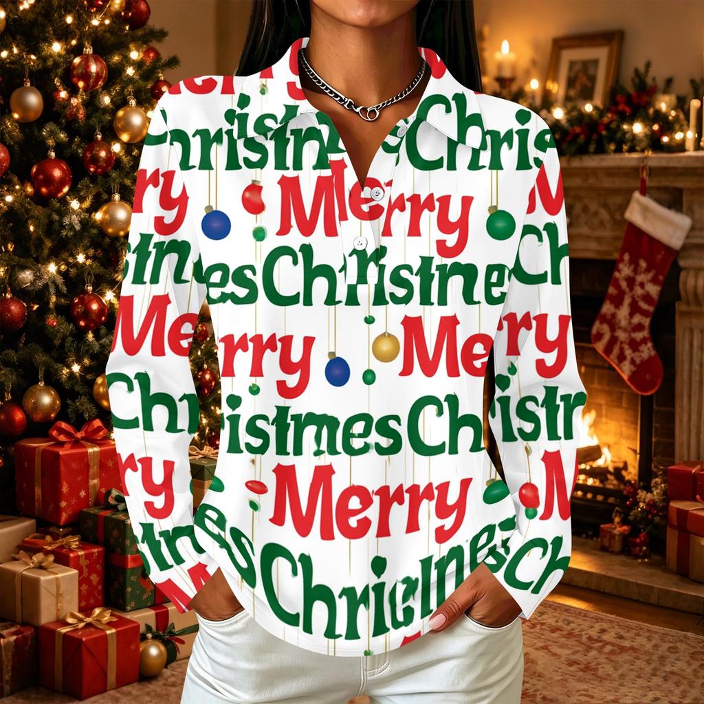 Women's Casual Christmas Print Button Down Long Sleeve Shirt with Collar and Side Slits