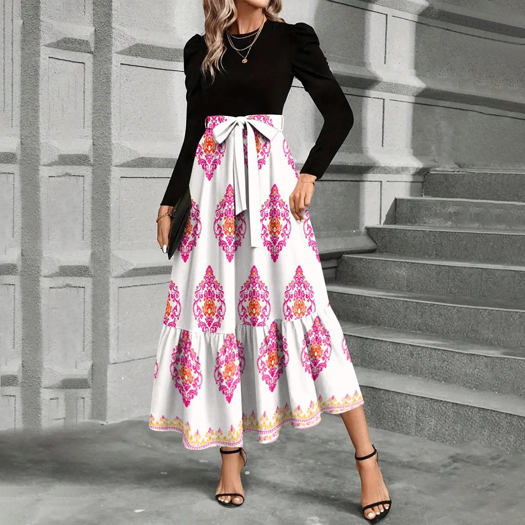 Dámské módní a elegantní šaty s květinovým potiskem s vysokým pasem