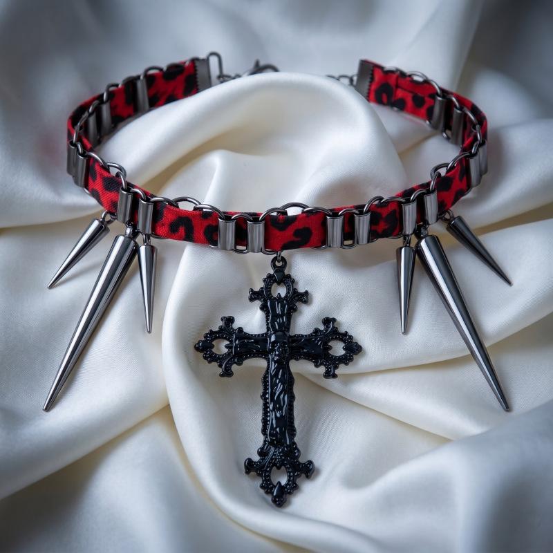 Punk style cross rivet red leather choker sweet cool babes collarbone chain niche design necklace female