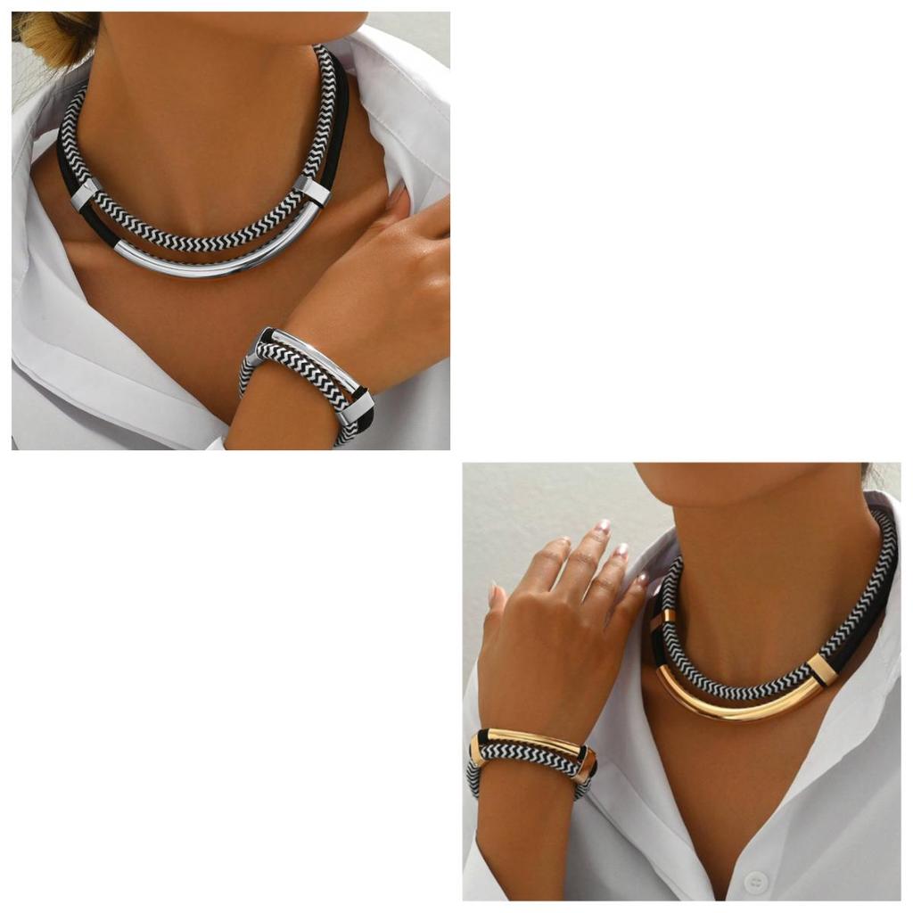 Chunky Necklaces For Women, 14k Gold-Plated Chain And Bracelet Set Gift Black And White Ropes Statement Necklace Jewelry Bohemian Style