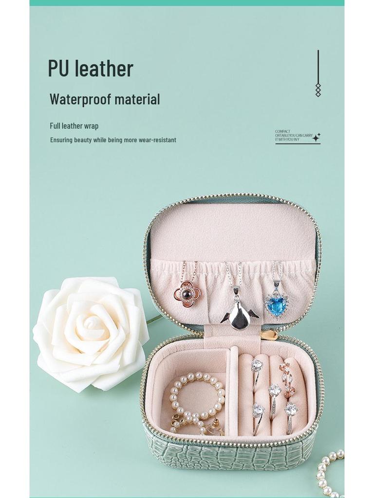 PU Leather Portable Jewelry Box with Zipper - Bracelet, Earrings, Ring Storage