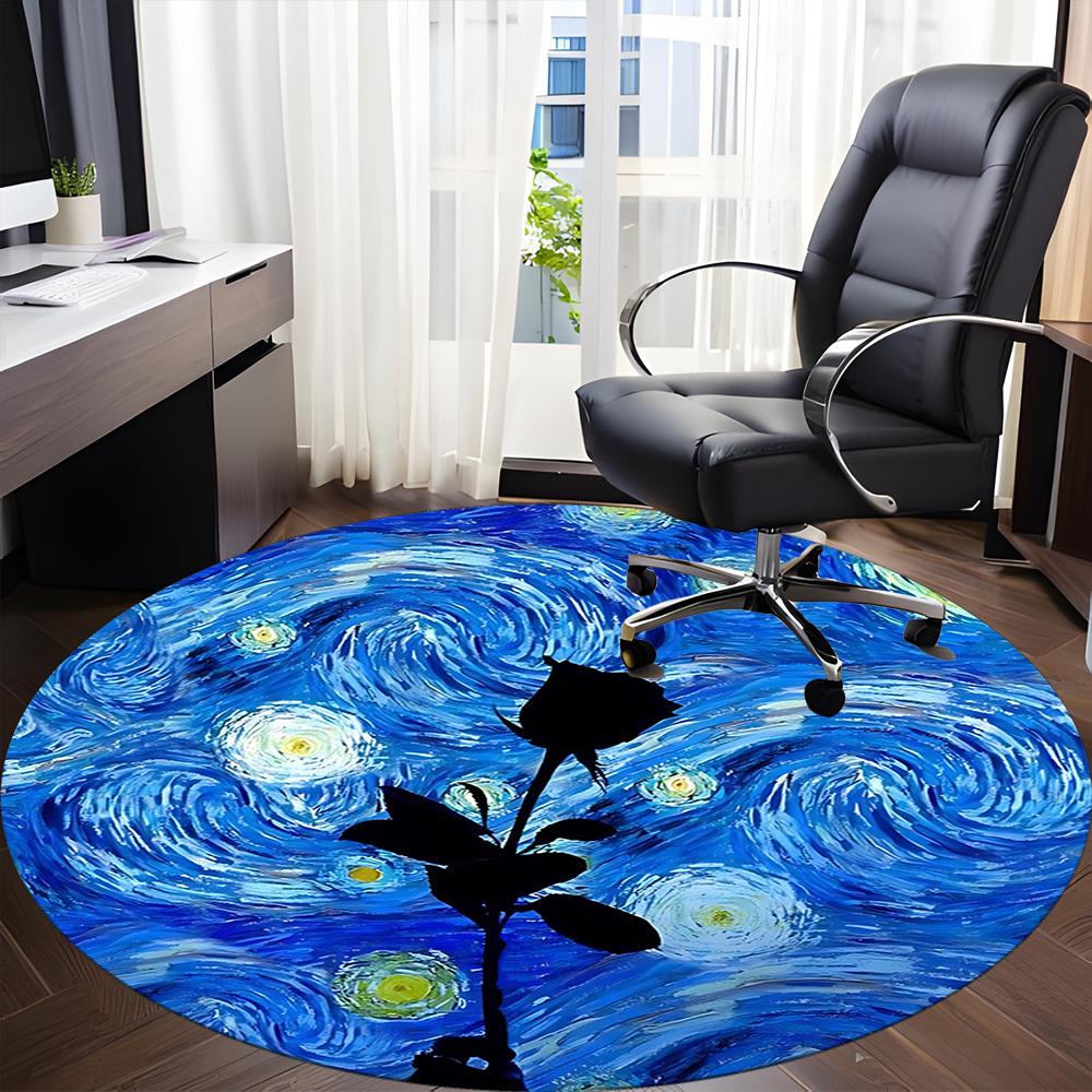 1pc Starry Night Rose Chair Carpet for Office, Round Non-Slip Durable Large Size Office Carpet, Suitable for Office, Beautiful Decoration