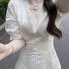 French Elegant Lace Puff Sleeve Summer Midi Dress - Women's Court Style, Waist-Cinching, Slimming Tea Party Attire