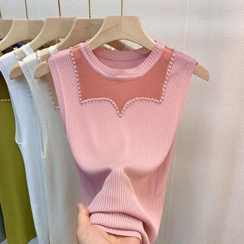 New Summer Ice Silk Suspender Vest for Women's Thin Gauze Mesh Bead Base Large Size Slim Sleeveless Knitted Sweater