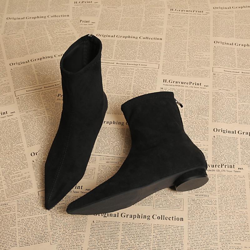 Nowe zimowe damskie botki na niskim obcasie, modne, z wąskim noskiem, buty na imprezę, damskie, vintage, wąskie, krótkie botki
