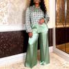 Plus Size Women's Geometric Satin Patchwork Suit - Flaw-Covering Shirt & Wide-Leg Pants Set
