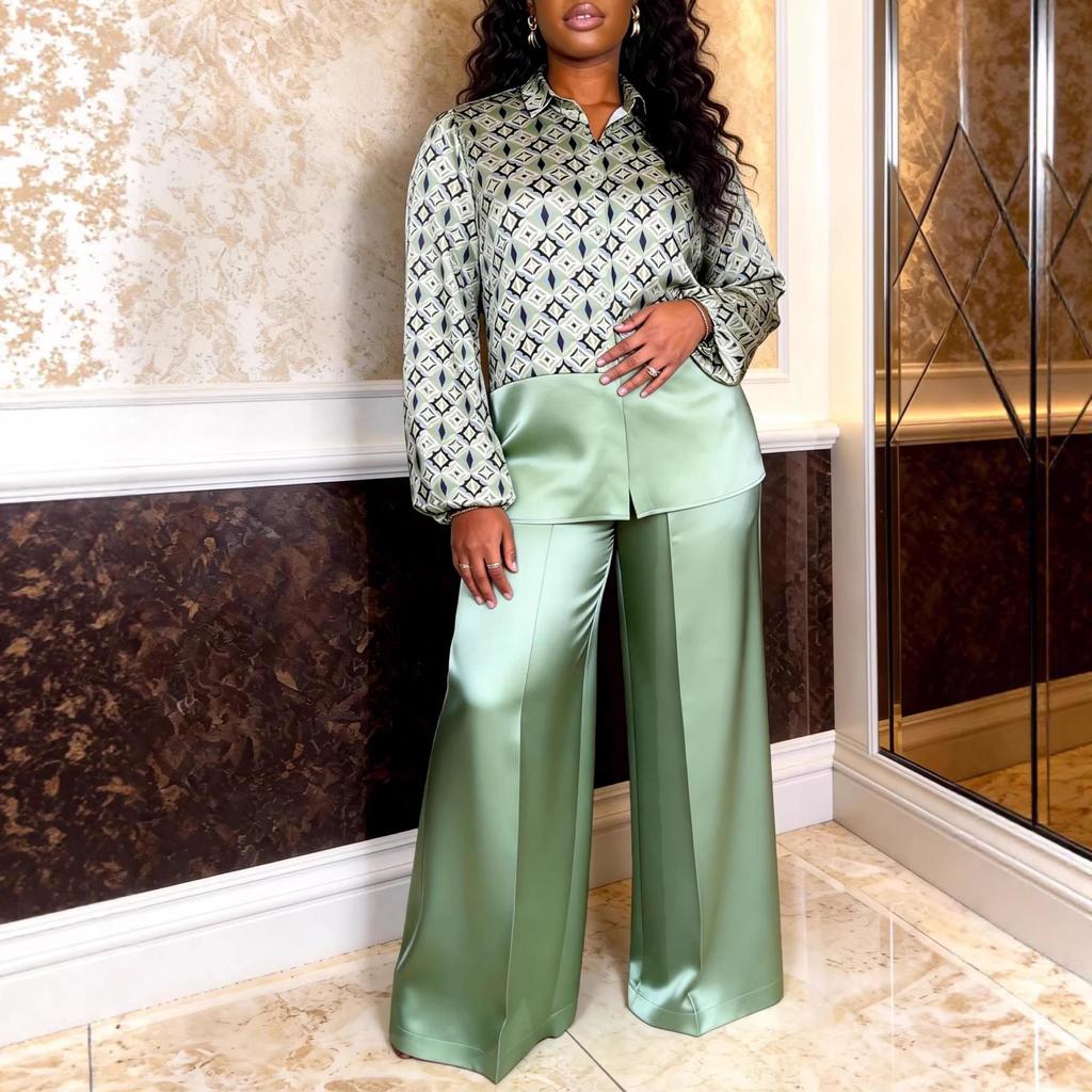 Plus Size Women's Geometric Satin Patchwork Suit - Flaw-Covering Shirt & Wide-Leg Pants Set