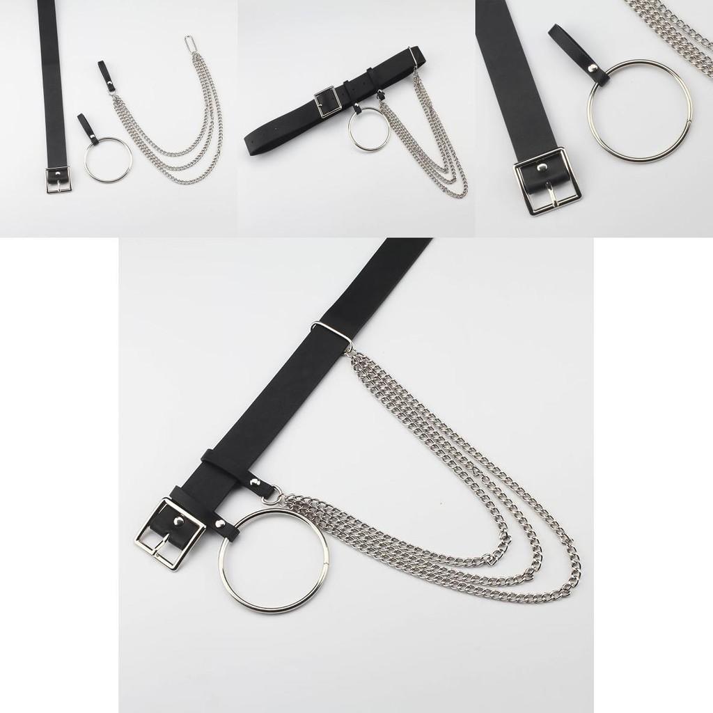 Fashionable Black Waist Belt With Circular Ring And Chain Tassel For Men And Women Fashion Accessory