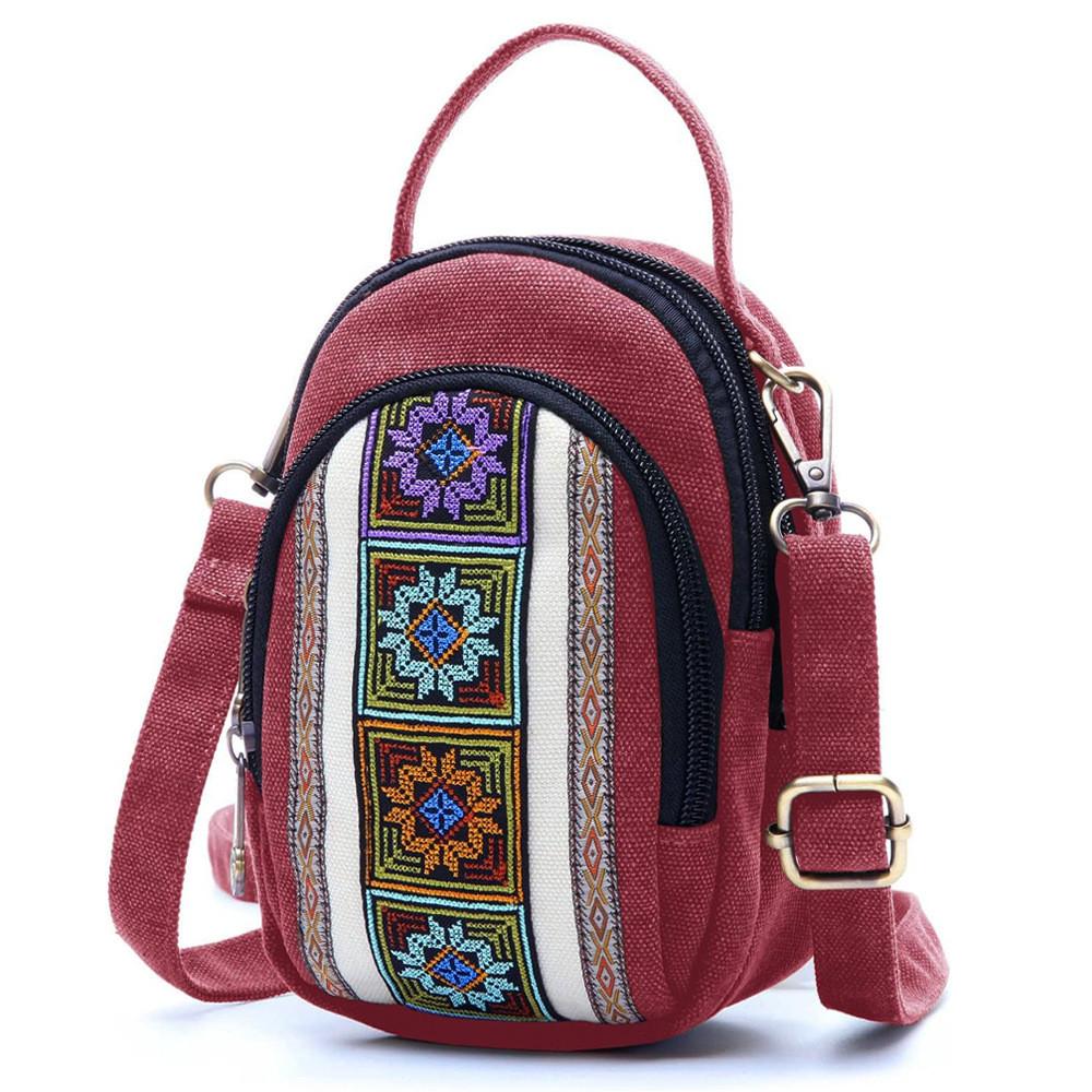 Ethnic Style Embroidered Canvas Bag With Zipper Pockets For Daily Use