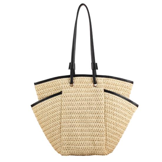 Straw Woven Shoulder Bag with Multiple Pockets Zipper Closure Handmade Braided Vacation Leisure Handbag
