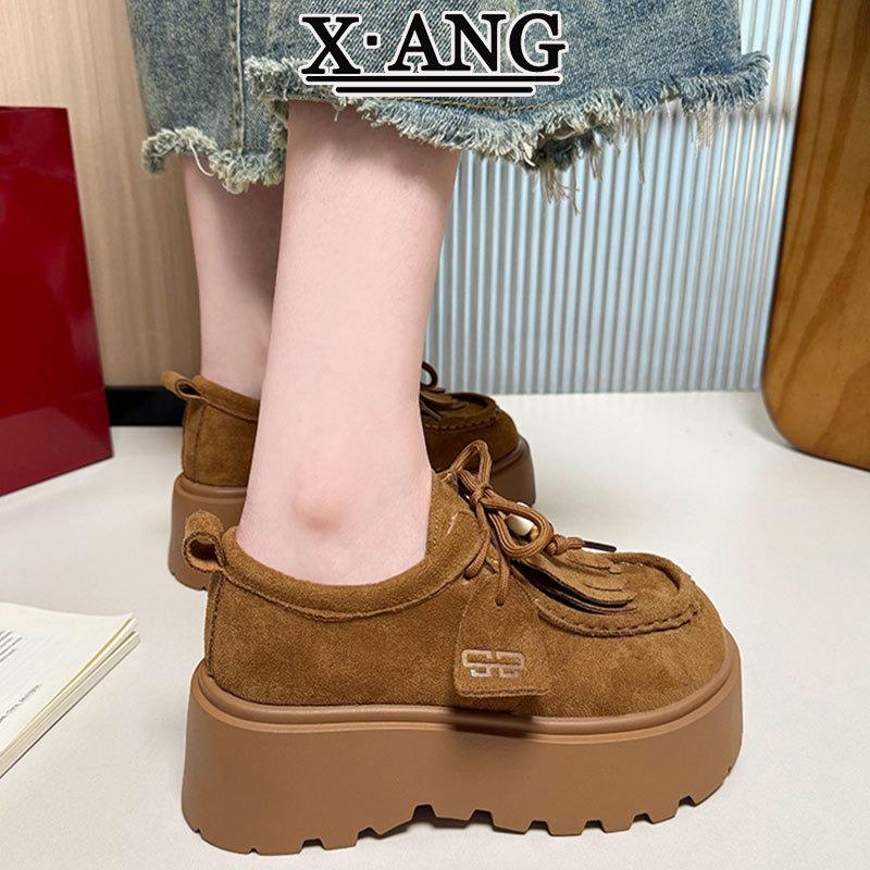 Small Thick-soled Heightening Women's Shoes Cowhide All-inclusive Women's Kangaroo Shoes Casual Single Shoes Fringe
