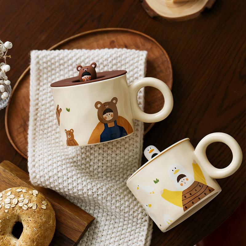 Mili Life Cute Cup with Lid Mug Ceramic Cup Female Couple Cup Coffee Cup Creative Water Cup Breakfast Cup