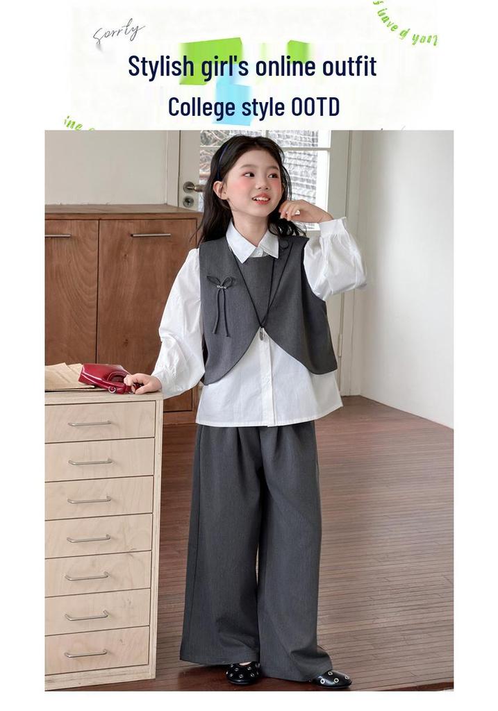 2026 Girls' Spring Academy Style Three-Piece Outfit: Bow Vest, Shirt & Suit