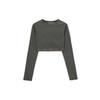 Womens Ribbed Long Sleeve Crop Top Black Women Streetwear JD0014