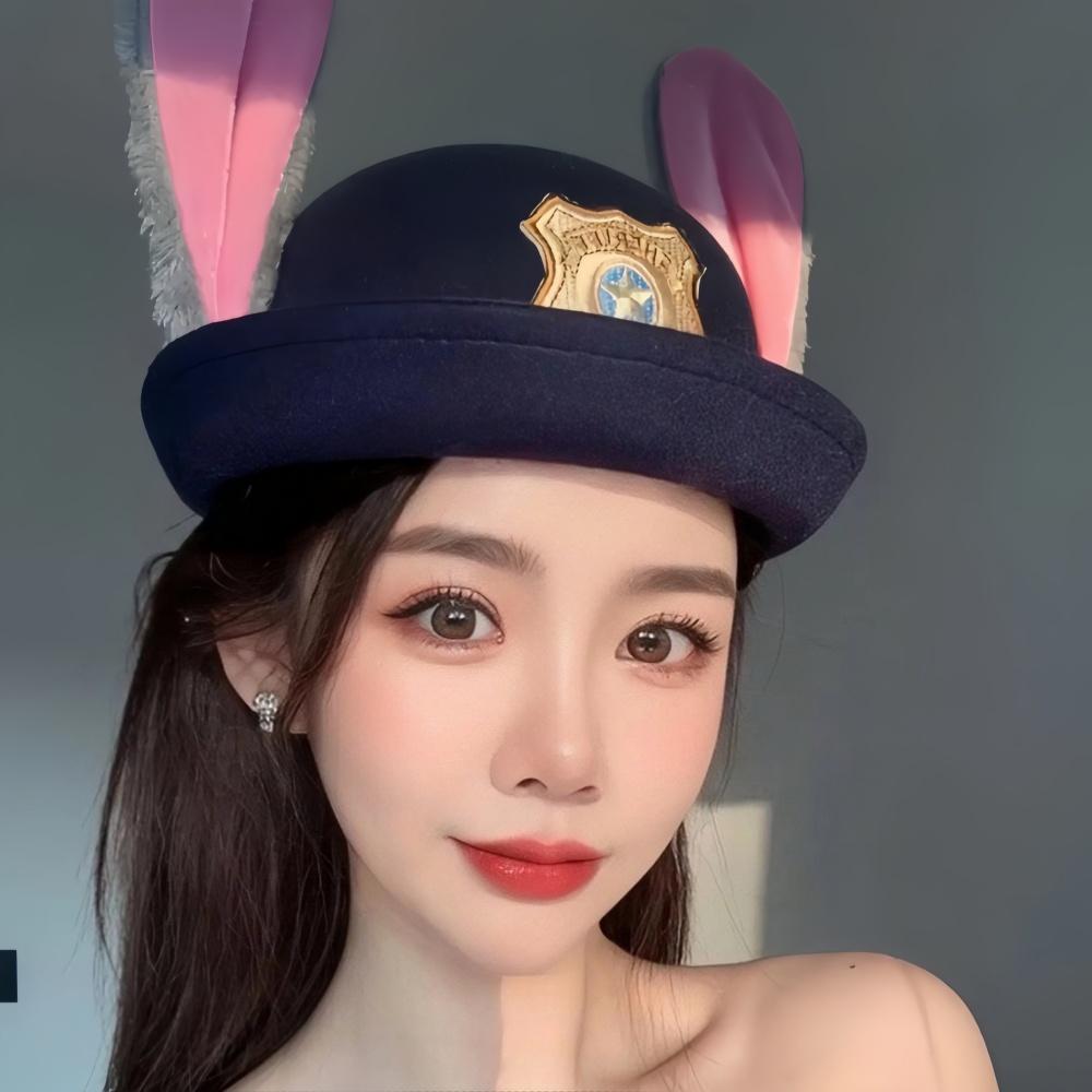 Sheriff Cap Featuring Bendable Bunny Ear Movie Cosplay Costume Attachment Spooky Holiday Costume Celebration Anime Rabbit Police Officer Headwear