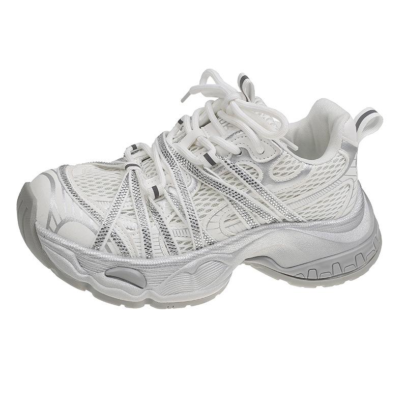 

2025 осень новые туфли на толстой подошве из плетеного материала со стразами, дышащие, в стиле ретро, женские кроссовки для папы, универсальные, повседневные, спортивные, женские 40 белый