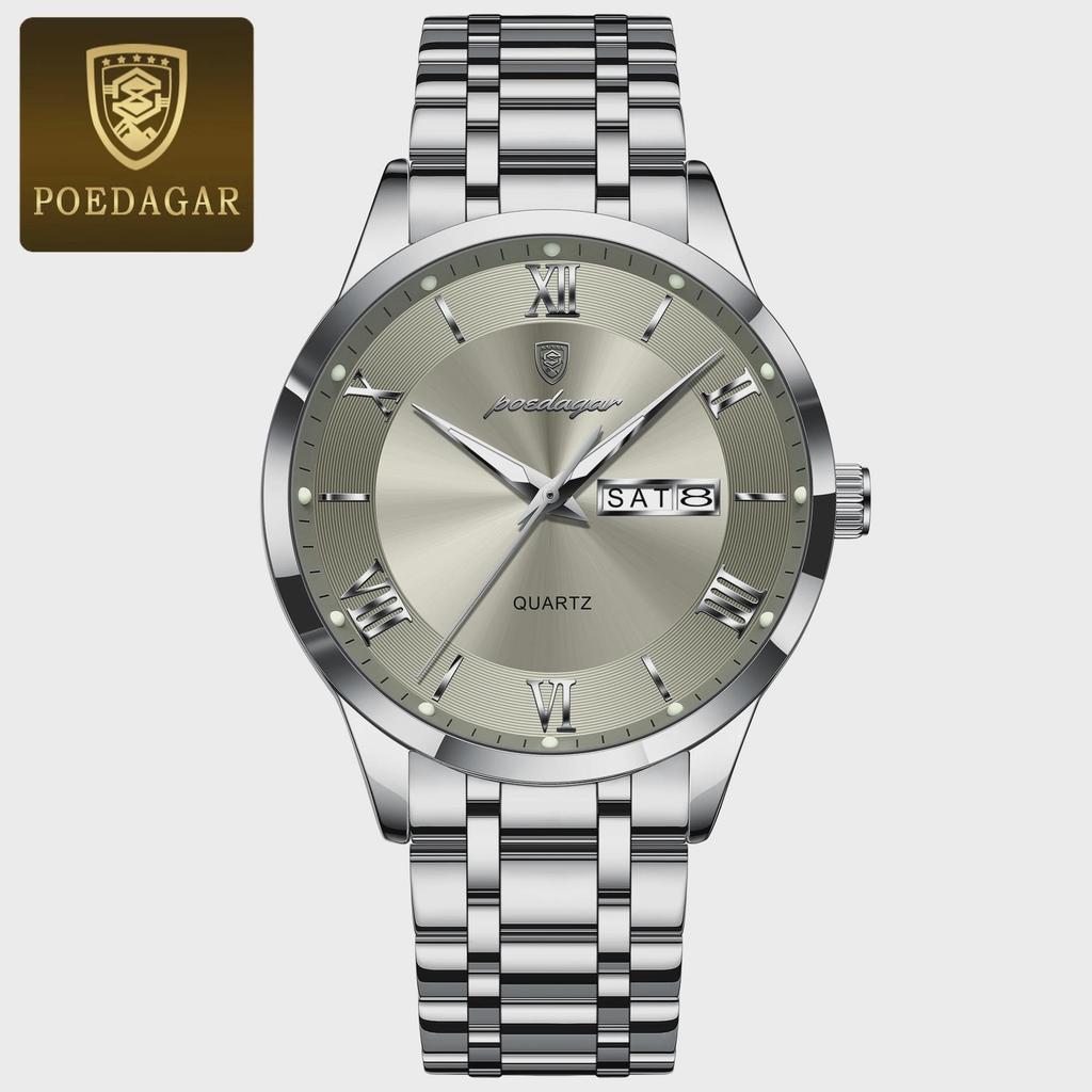 POEDAGAR Luxury Man Clock Waterproof Luminous Week Date Fashion Men's Wristwatch Stainless Steel Business Quartz Watches For Men