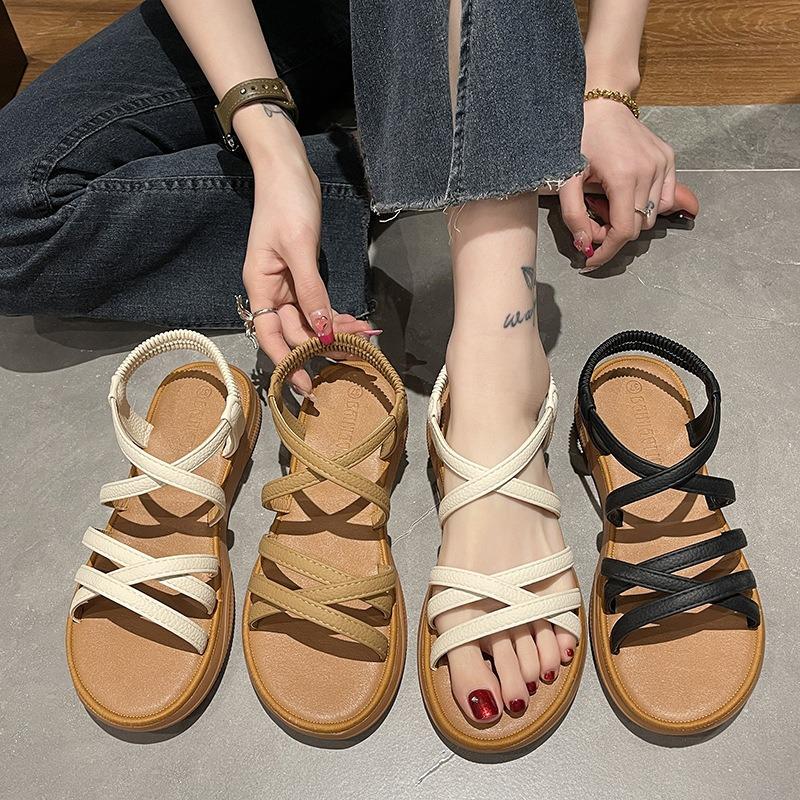Upgraded New Roman Sandals Women's Flat-soled Elastic Band Soft-soled Summer Women's Cross-strapped Sandals