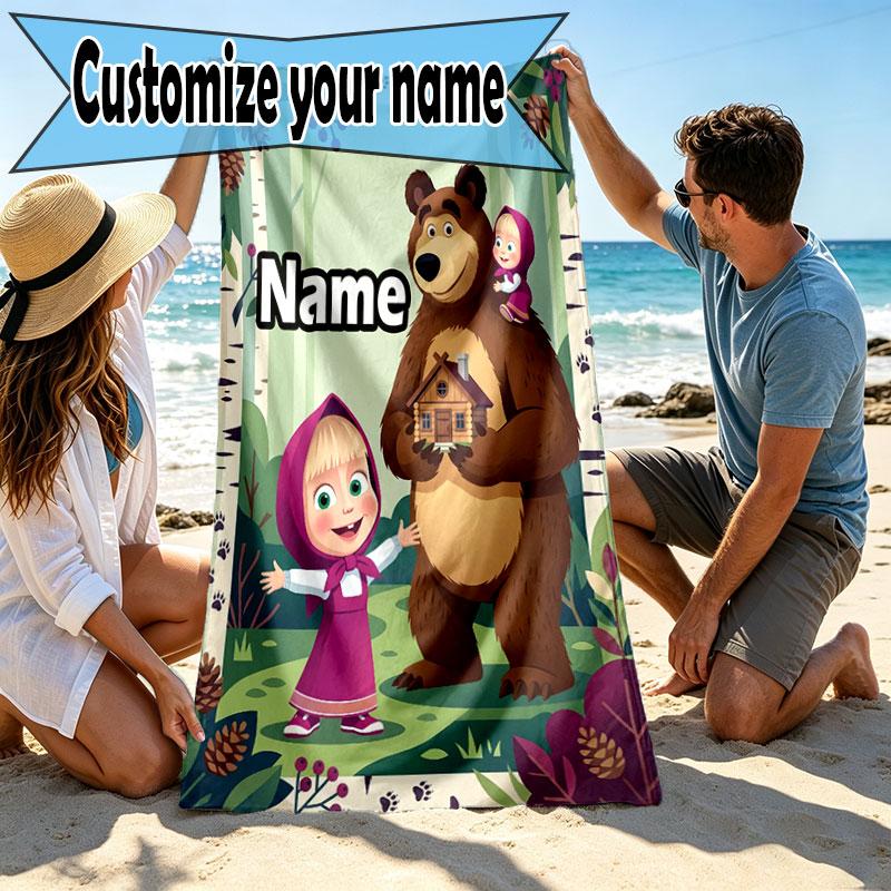 Custom Name Personalized Masha and the Bear Print Beach Towel, for Trip Camping Beach Party Home Decor, Birthday Gift for Family & Friends