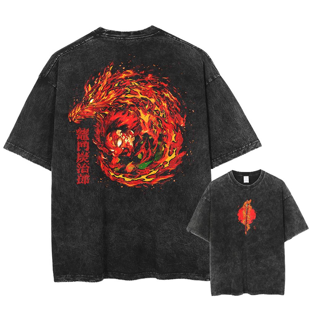 Men Streetwear Summer Rengoku Kyoujurou Top Tee Harajuku Anime Demon Slayer Printed T-shirt Vintage Washed Oversized Tshirt