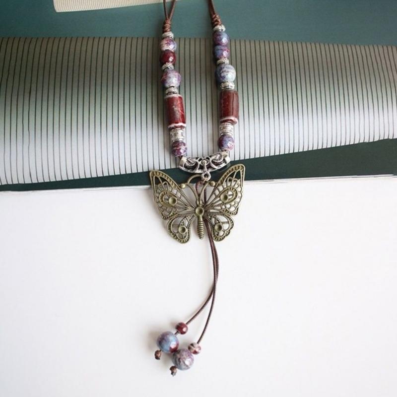 Fashion Ceramic Bead Choker Necklace Butterfly Pendant Necklace Jewelry Vintage Clavicle Chain Necklace Sweater Chain