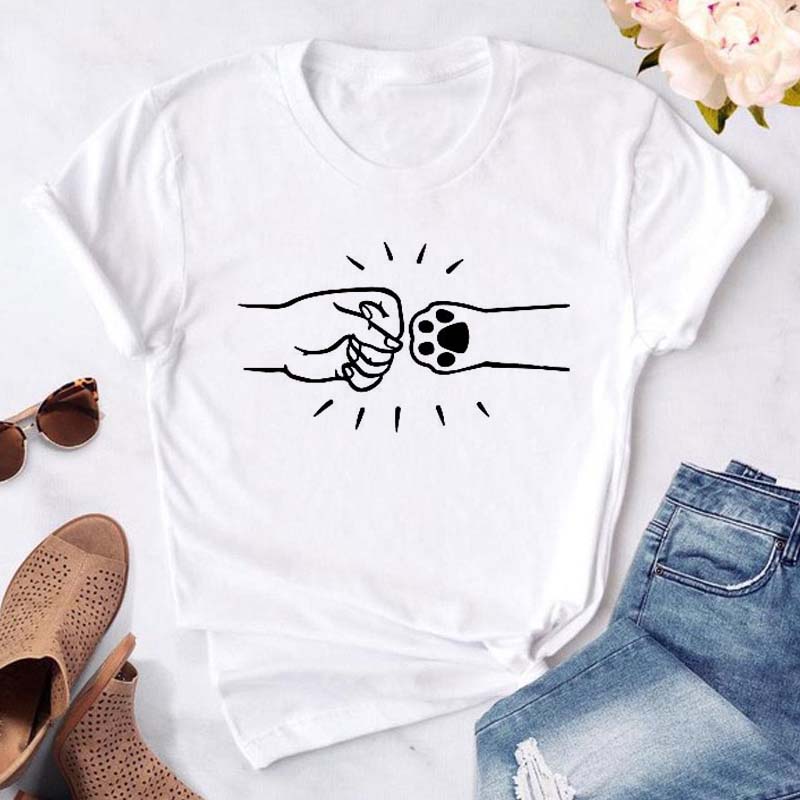 Women Dogs Paws Love Heart Printed T-shirts Fashion Summer Short Sleeve Lady Womens Clothes Tops T-Shirt Black Shirt Tees Female