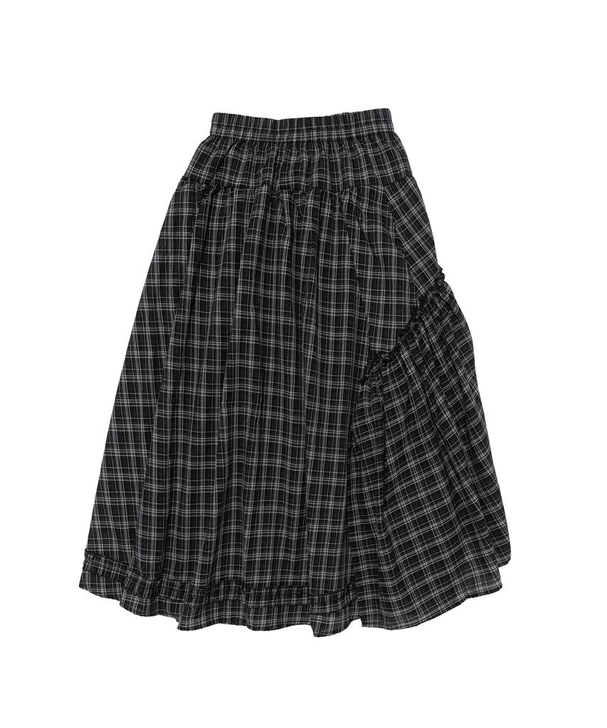 Cargo Bros For Woman Asymmetrical Frill Check Long Skirt (Black)