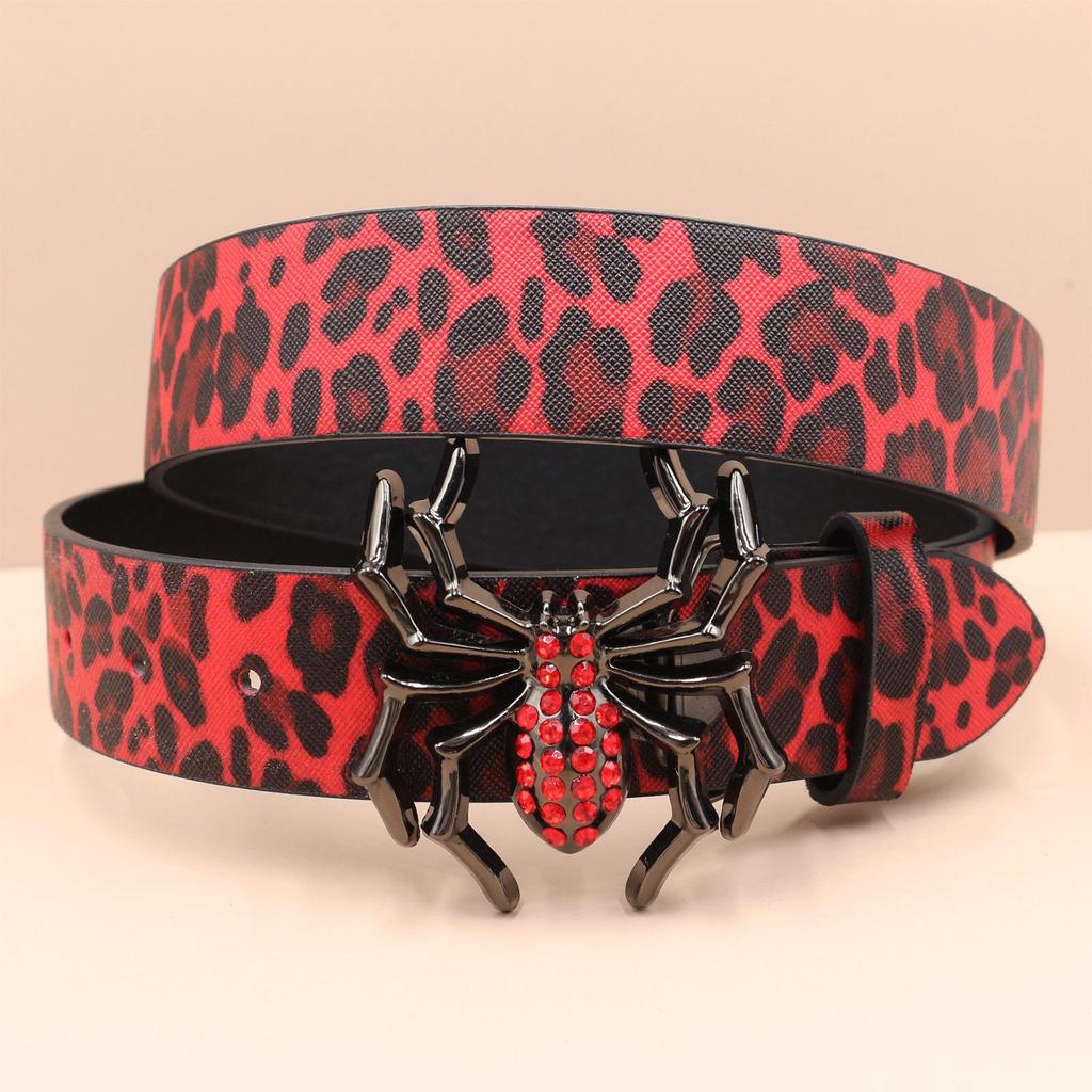 Y2K Leopard Print Rhinestone Spider Buckle Punk Leather Belt for Women