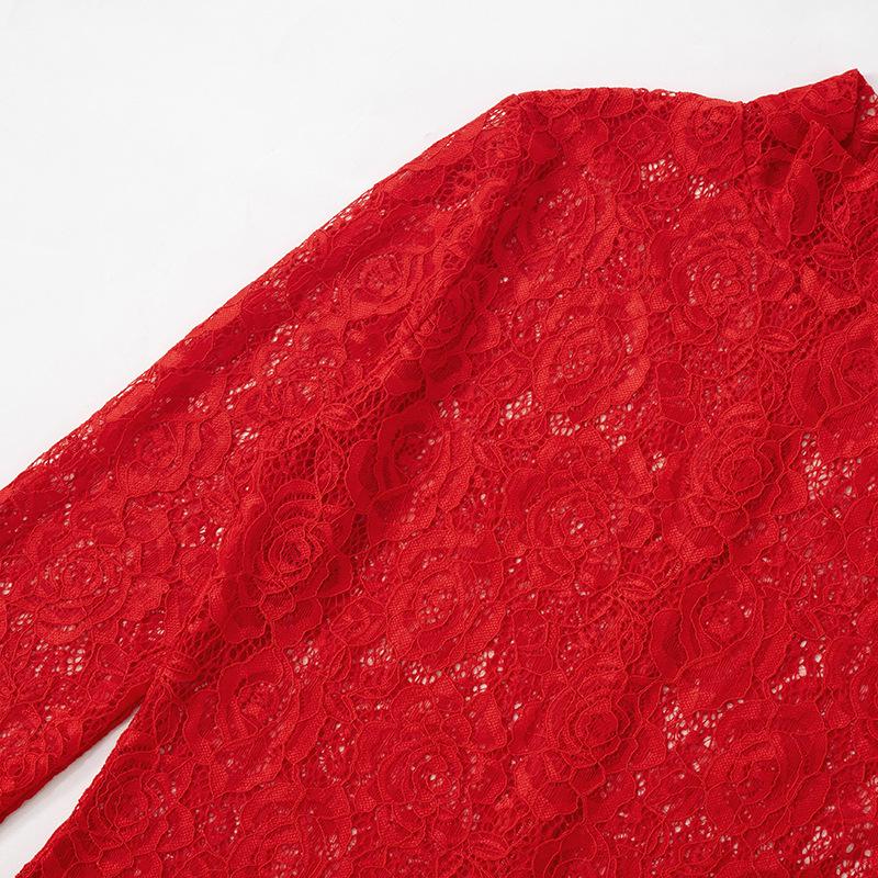 2025 Spring Mesh Lace High Neck Long Sleeve Women's Slim Fit Evening Gown