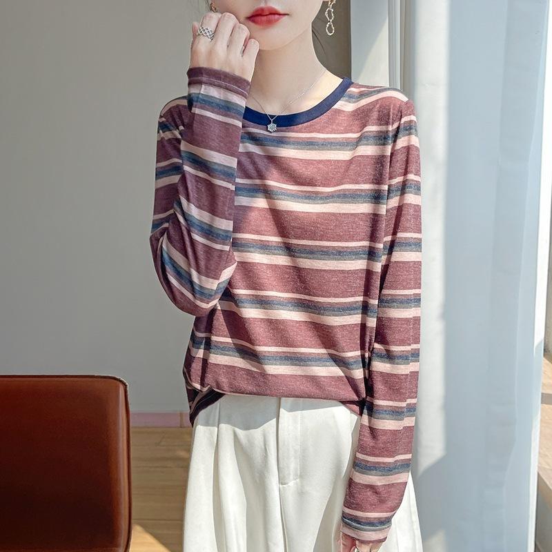 Spring/Summer New Style Round-neck Knitted Sweater Long-Sleeve Women's Printed Multi-color Loose-Fitting Base Layer Shirt