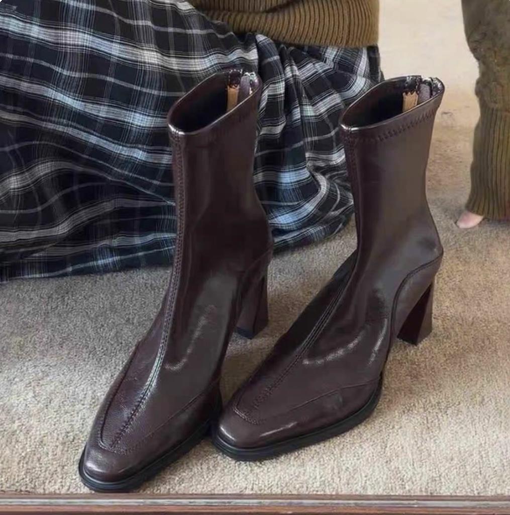 Spot version~ Korean soft leather thick heel square head small short boots retro elastic thin boots women's rear zipper high heel single boots