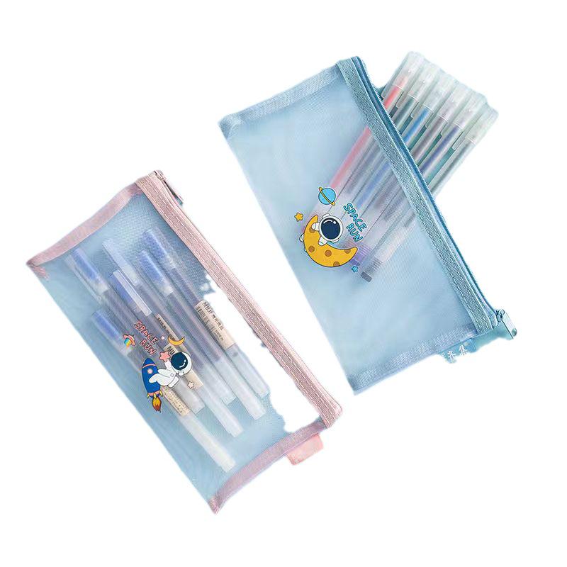 Simple Cartoon A6 Mesh Zipper Pencil Case & Document Bag for Students