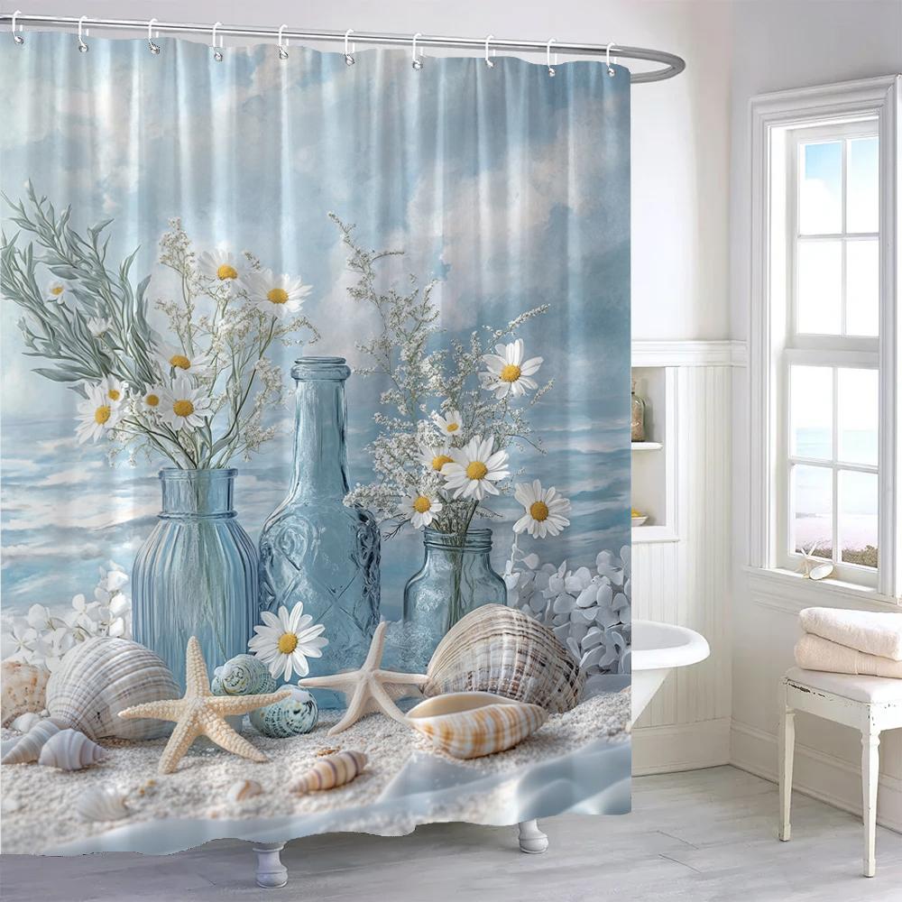 

Beach Shower Curtain,Starfish Seashells Ocean Shower Curtain,Tropical Summer Hawaiian Seascape Fabric Bathroom Decor Curtain W90xH180cm