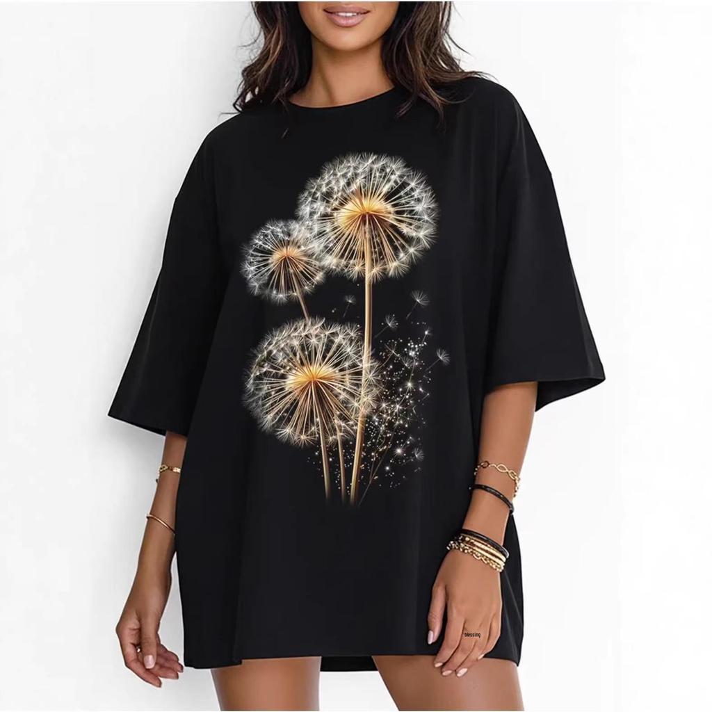 Retro Dandelion Print Loose Short Sleeve Top for Women - European & American Summer Style