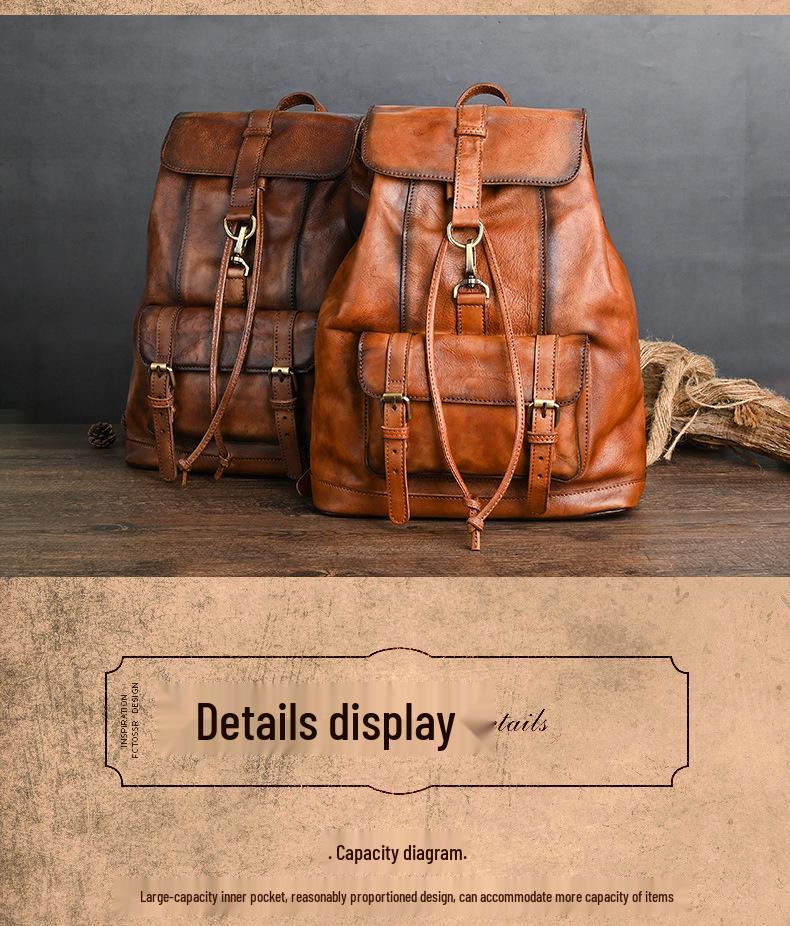 Chaozhou Vintage Handmade Leather Backpack for Casual Travel, 14-Inch Laptop Bag