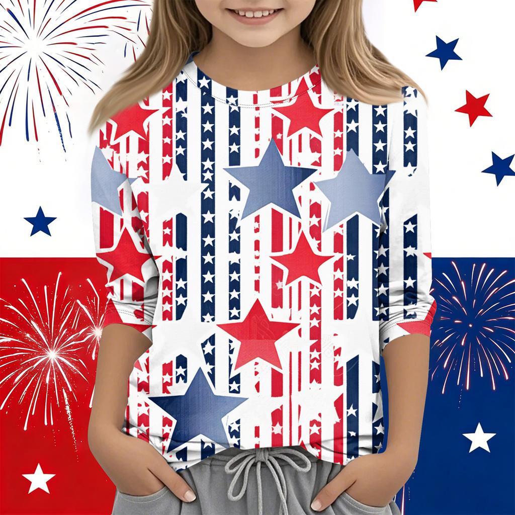 Print-Oberteile für junge Mädchen Rundhals 3/4-Ärmel T-Shirts Trendige Oberteile Outfit-T-Shirts Unabhängigkeitstag
