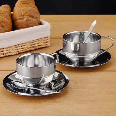Yousheng Juego de 3 Tazas de Café Taza de Acero Inoxidable para Espresso con Platillo y Cuchara Taza de Doble Pared para Bebidas con Asa para Latte Cappuccino Leche