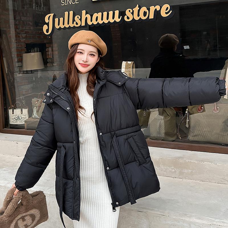 2025 Women's Mid-Length Hooded Cotton Coat: Loose Waist, Thick Padded Jacket for Winter