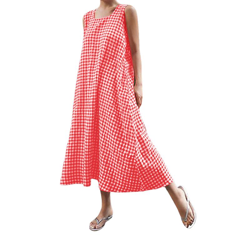 ZANZEA Women Square Collar Summer Loose Casual Sleeveless Plaid Print Dress
