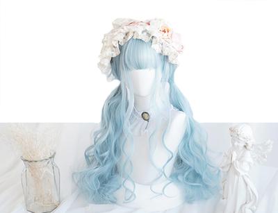 Sizuuenn Lolita Ladies Full Wig Curly Long Hair Twintails Plunging Bangs Light Blue Blue Wig of the Small Face Fashion Heat Resistant Wig High