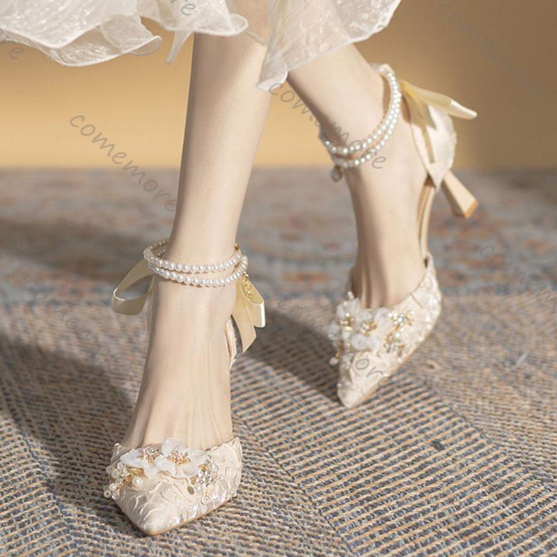 Fashion Comemore Spring Autumn New Bow Hollow High Heels Temperament Pearl Chain Pointed Toe Pumps for Women Dress Heeled Single Shoes