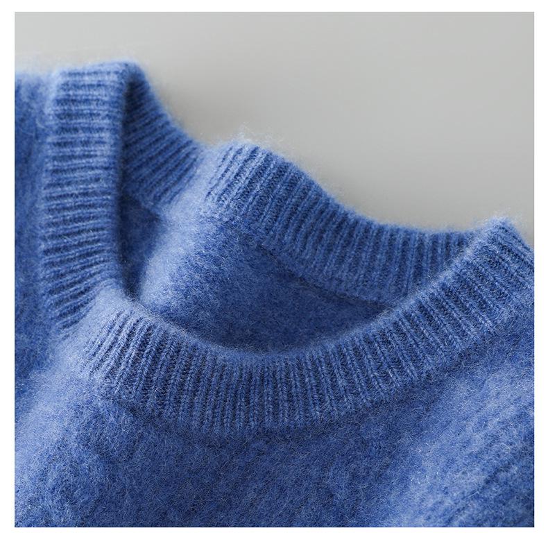 Men's 100% Wool Round Neck Sweater, Thickened Knit Pullover, Autumn/Winter Cashmere Base Layer Top