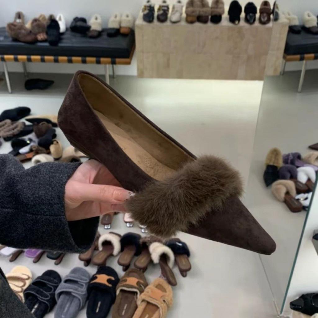 Korean Version of Light Luxury Small Fragrant Wind Piled Light Mouth Fluffy Single Shoes Autumn and Winter Celebrity Style Suede Temperament Elegant