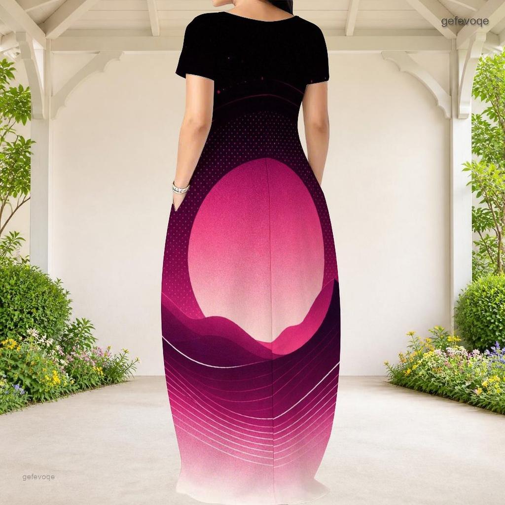 Women Plus Size Round Neck Short Sleeve Black Gold Swirl Printed Loose Dress With Side Pockets